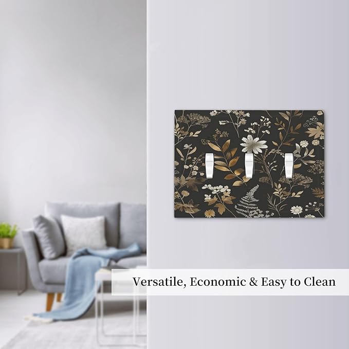 Decorative Switch Plates Black Gold Floral Dark Leaves Vintage Flowers 3 Gang Wall Plate Triple Toggle Light Switch Cover Faceplate Electrical Wall Panels for Bed Room Home Decor