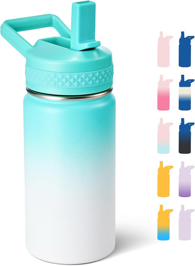 Fijinhom 12 oz Kids Water Bottle, Toddler Water Bottle with Straw, Boys&Girls Bottle for School, 304 Stainless Steel Vacuum Insulated Bottle for Kids, BPA-Free, Leak-Proof, Sea Salt
