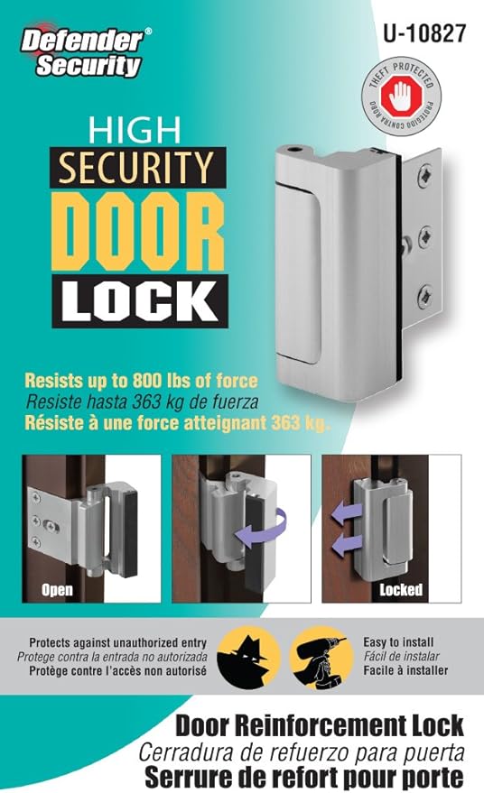 Defender Security Satin Nickel U 10827 Door Reinforcement Lock Add Extra, High Security to Your Home and Prevent Unauthorized Entry 3 Stop, Aluminum Finish - (Pack of 2)
