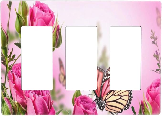 3 Gang Triple Rocker/Decor Light Switch Wall Plate Cover Decorative Butterfly Floral Pink Rose Blossom Electrical Faceplate Switchplates for Girl Spring Romance Flower Bouquet Room Decor Screwless