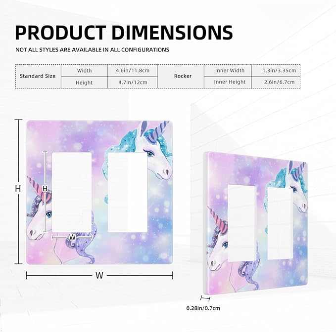 Cute Funny Cartoon Colorful Rainbow Purple/Blue Unicorn 2 Gang Double Decorator GFCI/Rocker Wall Plate Kawaii Princess Stars Electrical Outlet Decorative Receptacle Cover Light Switch for Dimmer, USB