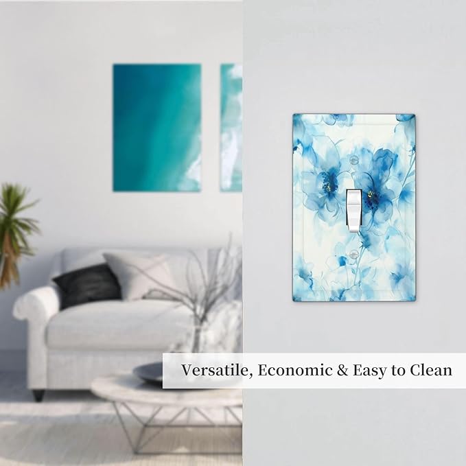 Watercolor Flower Blue White Large Floral Leaf Plants Decorative Light Switch Cover 1 Gang Single Toggle Device Electrical Faceplate Switchplates Decorator Outlet Wall Plate for Bedroom Living Room