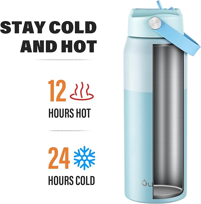 Oldley 24oz Insulated Water Bottle with Straw, Stainless Steel Water Bottle for Sports, Travel, School, BPA-Free Sports Bottles for Adult Kids, Leak-Proof, Light Blue Layered