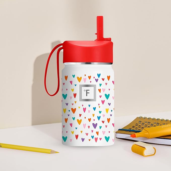 IRON °FLASK Kids Water Bottle - Straw Lid, 20 Name Stickers, Vacuum Insulated Stainless Steel, Double Walled Tumbler Travel Cup, Mug - Rainbow Hearts, 10 Oz