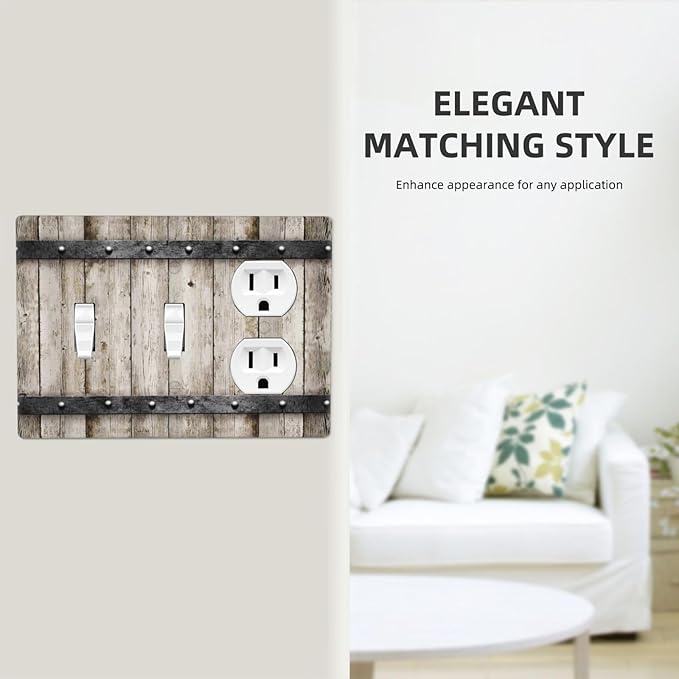 Vintage Retro Western Barn Cabin Door Wood 3-Gang Combination Wall Plate 2 Toggle 1 Duplex Receptacle Outlet Cover Kitchen Country Farmhouse Style Decorative Combo Device Light Switch Faceplate Cover