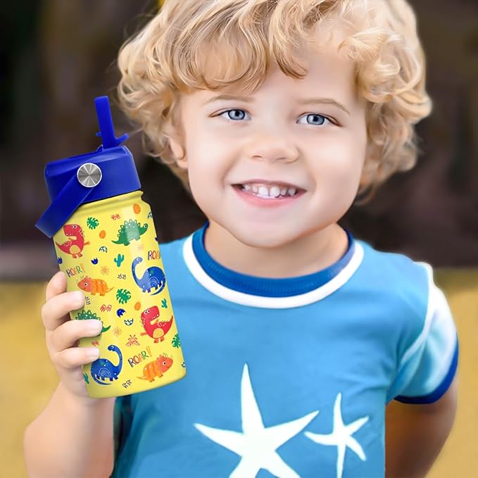 Dinosaur Kids Water Bottle - 12 Oz Insulated Stainless Steel - Straw Lid for Toddlers & Kids - School & Sports Travel Cup