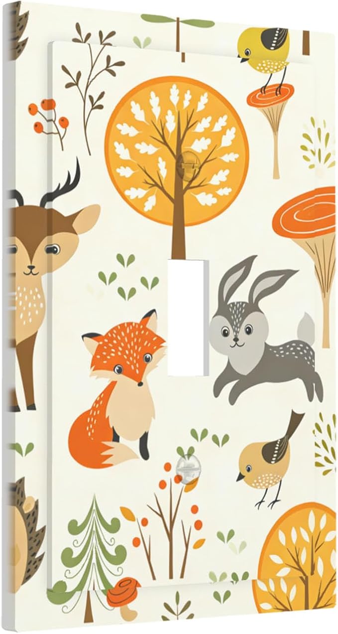 Cute Woodland Animals 1-Gang Toggle Light Switch Plate, Forest Trees Mushrooms and Berries Decorative Wall Plate for Boys & Girls Bedroom