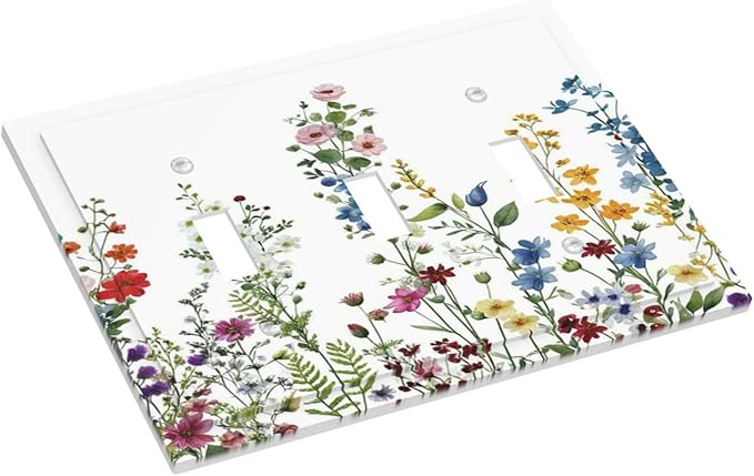 Light Switch Cover Plate Colorful Wildflowers Plants Flowers on White Background 3 Gang Switch Plate Covers Triple Toggle Decorative Wall Plates Electrical Faceplate for Bathroom Home Decor