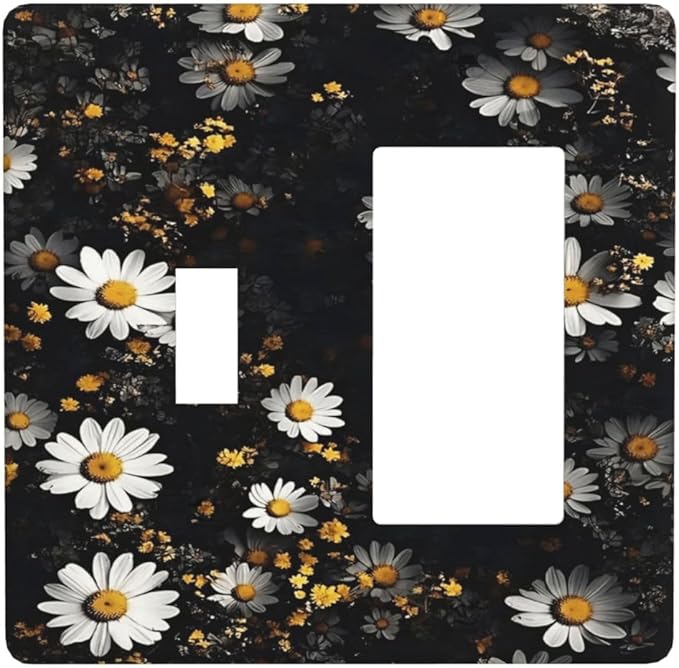 White Black Daisy Wildflower Modern Chrysanthemum Outlet Covers 1 Toggle 1 Rocker Combination Decorative Wall Plate Electrical Switch Plates Light Switch Cover Plate for Bedroom Farmhouse Decor