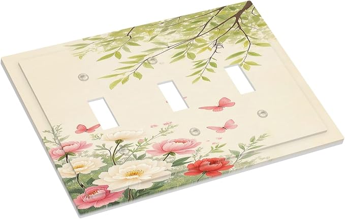 Decorative Switch Plates Garden Flowers Green Leaves And Butterflies 3 Gang Wall Plate Faceplate Triple Toggle Light Switch Cover Electrical Wall Panels for Bedroom Cabin Decor