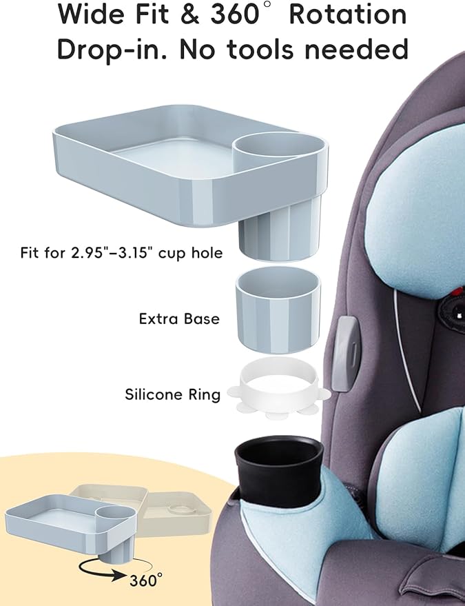 Car Seat Cup Holder Snack Tray for Kids, Reduces Mess, Detachable Large Base & Adjustable Ring, Carseat Tray for Toddler, Car Seat Food Tray Table for Kid Travel Road Trip Essentials -Light Gray