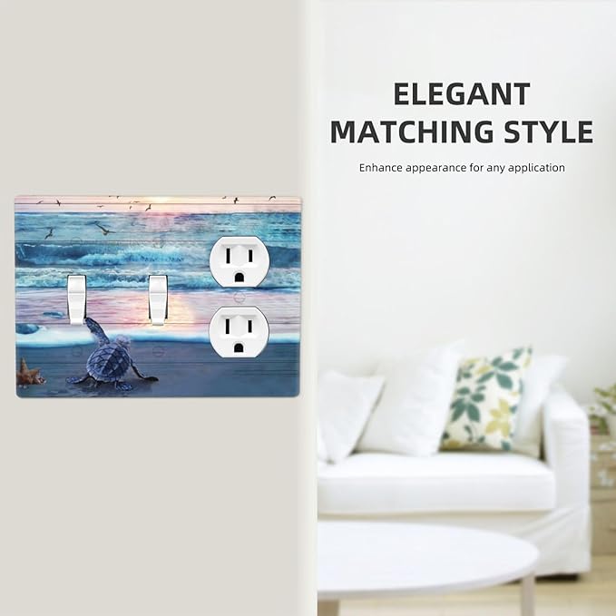 Nautical Ocean Teal Blue Beach Wave Turtles Tortoise 3 Gang 2-Toggle 1-Duplex Receptacle Light Switch Wall Plates and Outlet Cover Coastal Starfish Triple Device Combo Two Toggle One Receptacle Cover