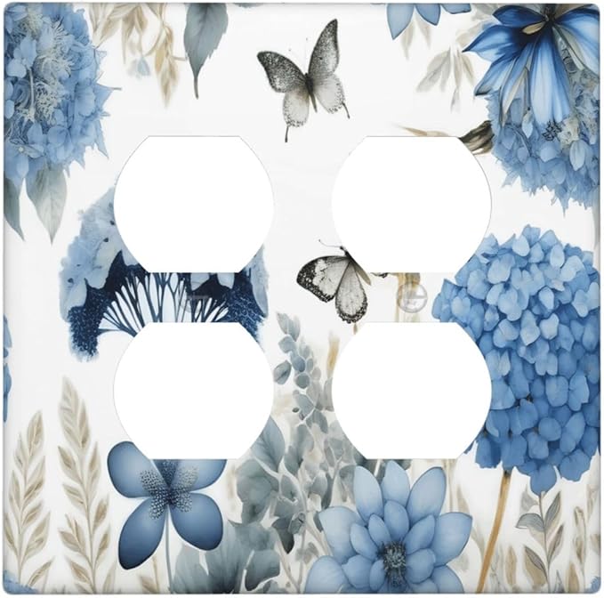 Blue Floral Hydrangea Floral Butterfly Flower Plant Outlet Covers 2 Gang Double Duplex Decorative Light Switch Covers Electrical Wallplates Socket Faceplate for Bedroom Living Room Decor