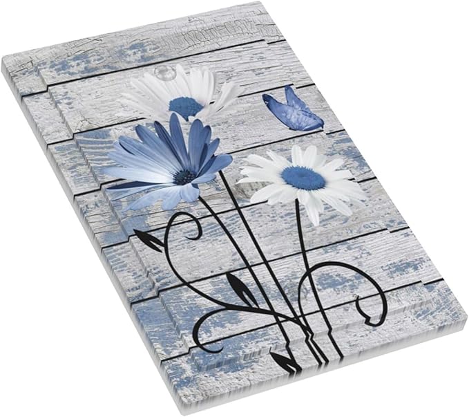 Blue White Daisy Flower Butterfly Rustic Wood Board Light Switch Cover Plate 1 Gang No Device Blank Electrical Wall Plates Faceplate Decorative Switch Plate Covers for Farmhouse Bedroom Decor
