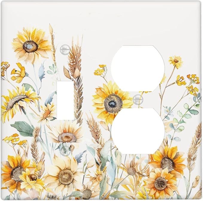 Yellow Floral Sunflowers Wheat Ears Watercolor Wild Flowers Wallplates 1 Toggle 1 Duplex Switch Plate Electrical GFCI Faceplate Decorative Light Switch Covers for Bedroom Living Room Decor