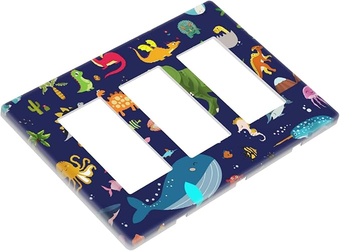 Cartoon Funny Cool Green Dinosaur 3-Gang Rocker/Decorator Wall Plate Blue Sea Ocean Dolphin Marine Decorative Screwless Triple Device Light Receptacle GFCI Outlet Switch Faceplate Cover Dimmer