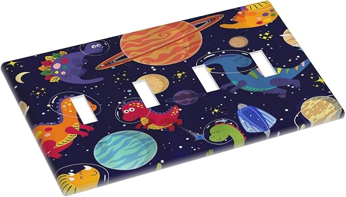 Galaxy Starry Astronaut Dinosaur 4 Gang Device Light Switch Cover Decorative Quad Toggle Wall Plate Decorative Electrical Faceplate for Home Bedroom Art Decorate