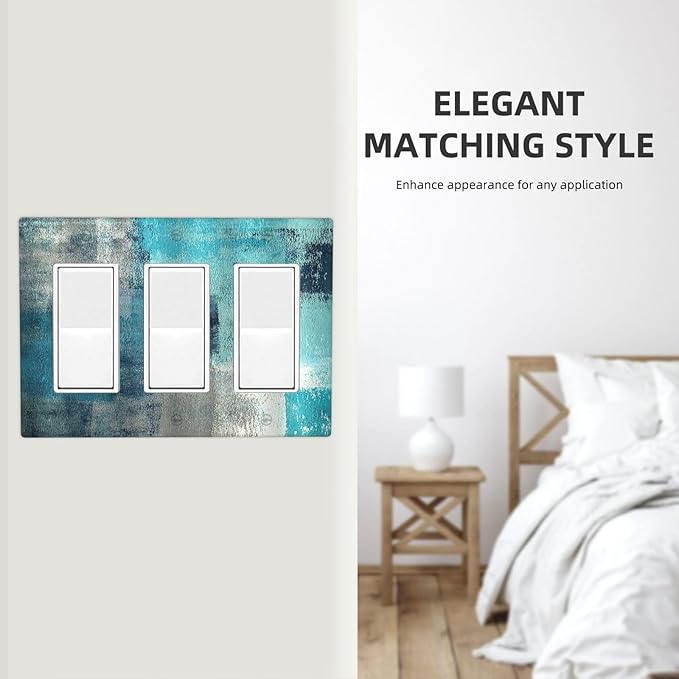 Light Switch Covers Teal Blue Modern Geometric Abstract Turquoise Green 3 Gang Rocker Electrical GFCI Decorative Triple Outlet Wall Plate Cover Switchplate for living Room Bedroom Decor