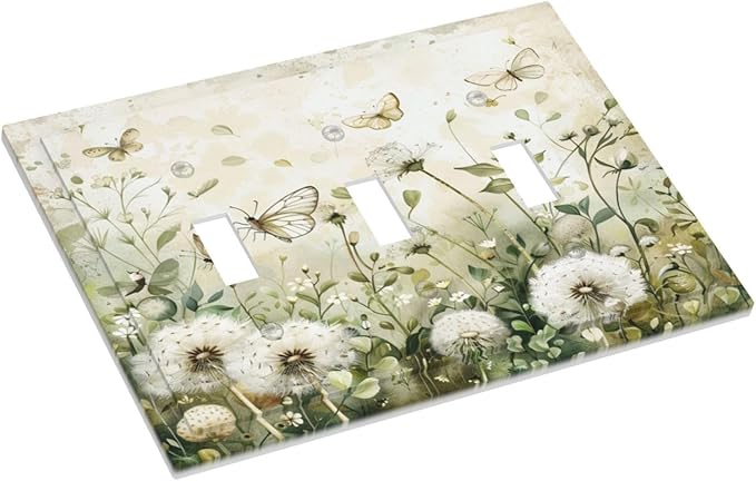 Light Switch Cover Plate Watercolor Butterflies Dandelions Wildflowers 3 Gang Triple Toggle Decorative Switch Plates Wall Plates Electrical Switchplate Faceplate for Bathroom Bedroom Decor