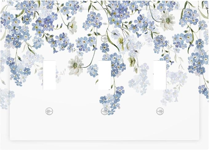 Hydrangea Blue Flowers Watercolor Floral Decorative Switch Plates 3 Gang Wall Plate Triple Toggle Light Switch Cover Faceplate Electrical Wall Panels for Bed Room Living Room Decor