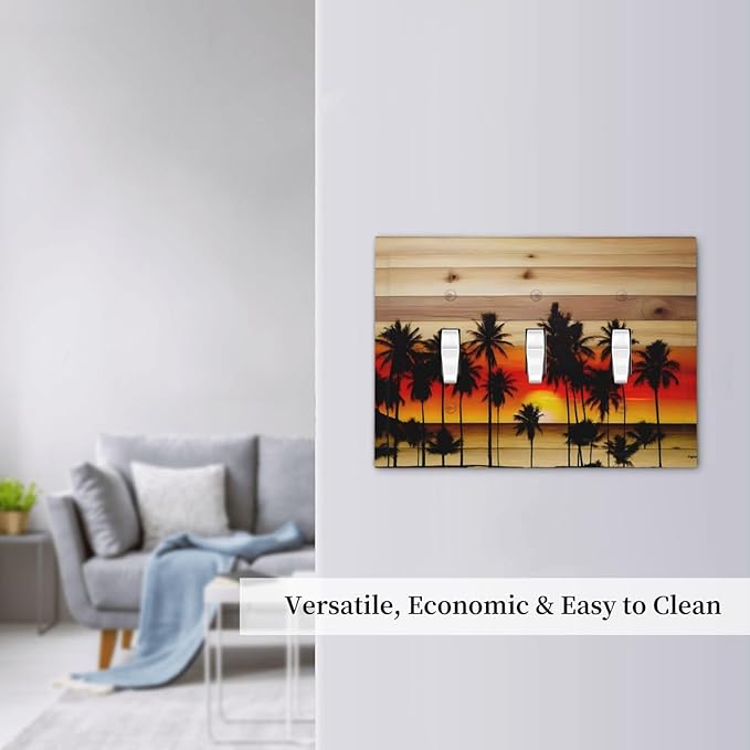 Sunset Beach Coconut Palm Tree Wooden Background Decorative Switch Plates 3 Gang Wall Plate Triple Toggle Light Switch Cover Faceplate Electrical Wall Panels for Bedroom Living Room Decor