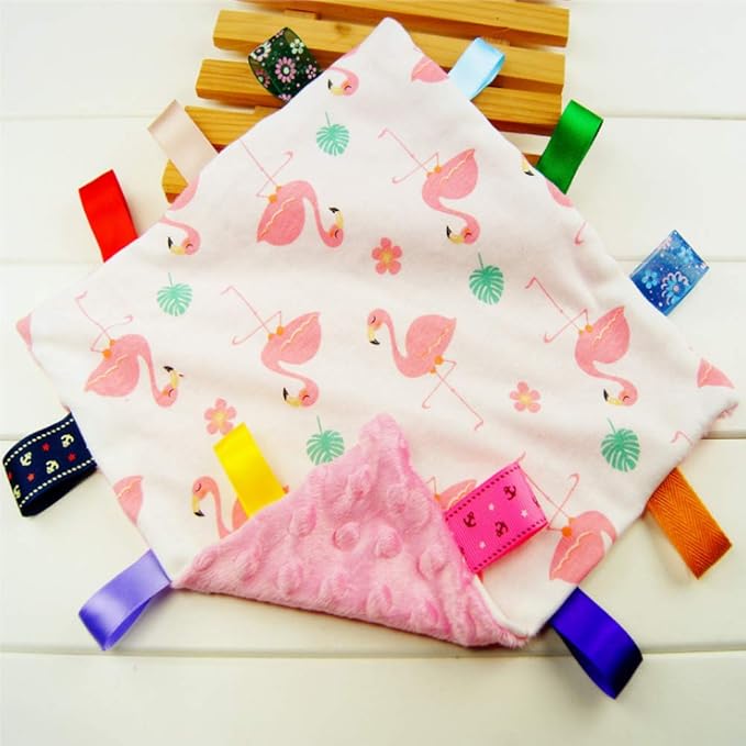 Soft Baby Security Blankets for Girls with Textured Ribbon Tags Baby Soothing Towel Lovey Taggy Sensory Blanket for Newborn Infant Toddler Gift Pink