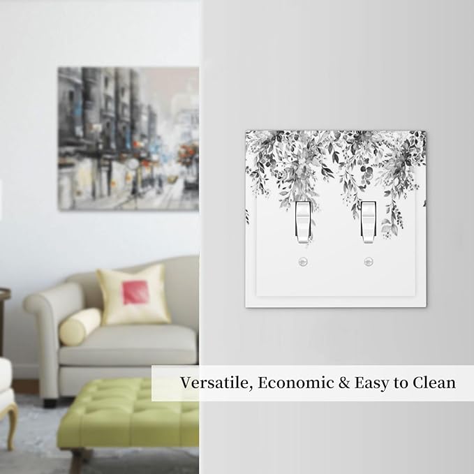 Decorative Switch Plates Grey Floral Plant Eucalyptus Leaf Flower 2 Gang Double Toggle Outlet Light Switch Cover Wall Plate Electrical Faceplate For Bed Room Living Room Decor