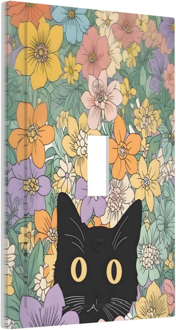 Decorative Light Switch Cover Funny Cute Cartoon Cat Floral Colorful Flower 1 Gang Single Toggle Device Electrical Faceplate Switchplates Decorator Outlet Wall Plate For Kids Room Nursery