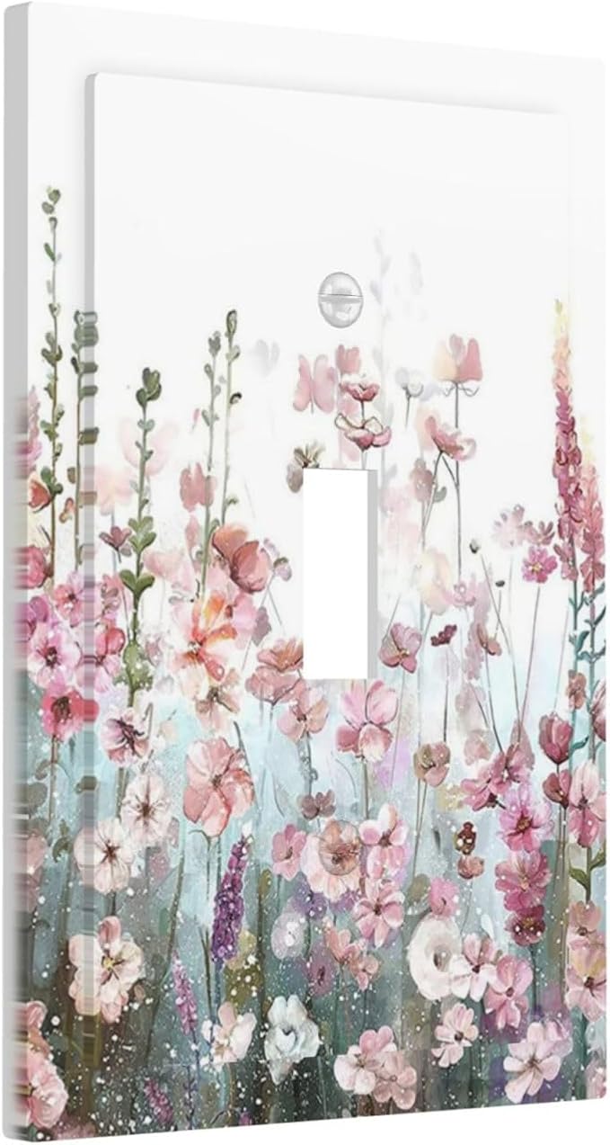 Colorful Flowers Pink Floral Watercolor Plant Decorative Light Switch Cover 1 Gang Single Toggle Device Electrical Faceplate Switchplates Decorator Outlet Wall Plate for Bed Room Living Room Decor