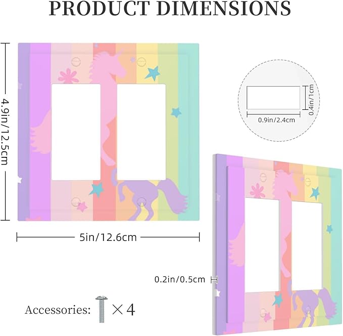 Cute Purple Pink Rainbow Unicorn Double Rocker Light Switch Cover Plate 2 Gang Outlet Covers Switchplates Wallplate Decorative Electrical Faceplate for Nursery Girls Boys Room Kids Room Decor