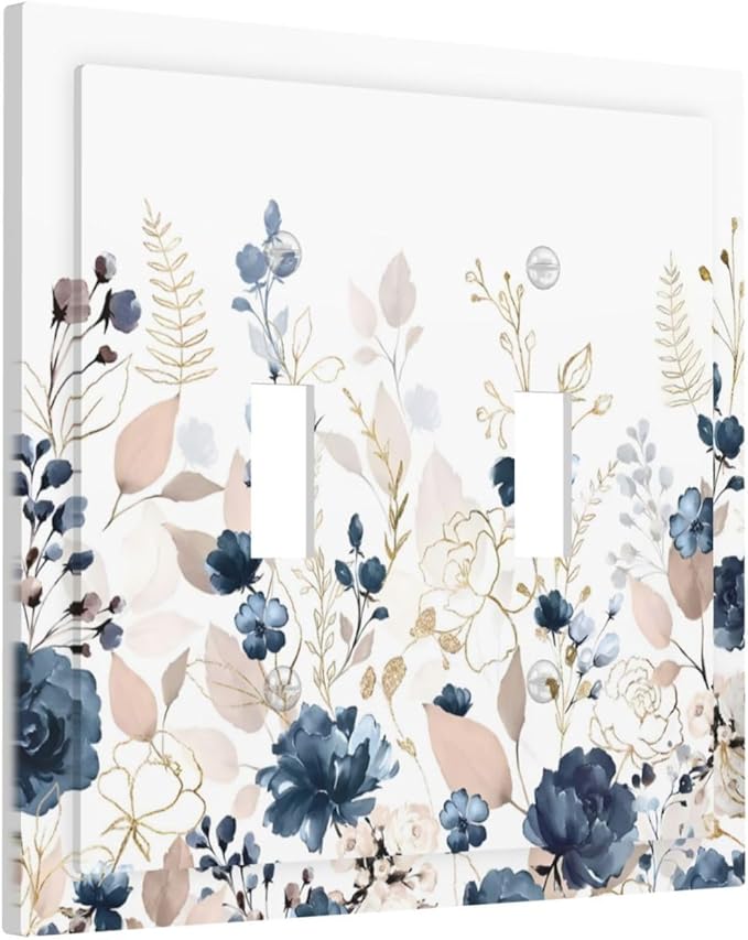 Blue Flora Boho Vintage Flower Golden Leaves Decorative Switch Plates 2 Gang Double Toggle Outlet Light Switch Cover Wall Plate Electrical Faceplate for Bedroom Living Room Decor