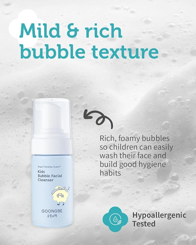 GOONGBE Kids' Bubble Facial Cleanser - Korean Kids Low pH Bubble Foam Face Wash - Gentle Cleansing & Hydrating with Panthenol and Amino Acids - Allergen Free Scent, 3.38 fl.oz. 2 Pack