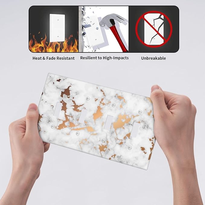 Lexury White Red Golden Marble 4 Gang Device Light Switch Cover Decorative Quad Toggle Wall Plate Decorative Electrical Faceplate for Home Bedroom Art Decorate