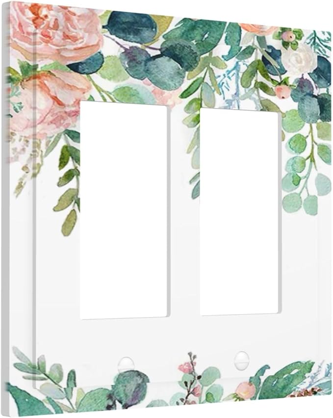 Green Eucalyptus Leaves Floral Watercolor Flower Decorative Outlet Covers 2 Gang Double GFCI Rocker Electrical Wall Panels Light Switch Cover Plate for Bed Room Living Room Decor