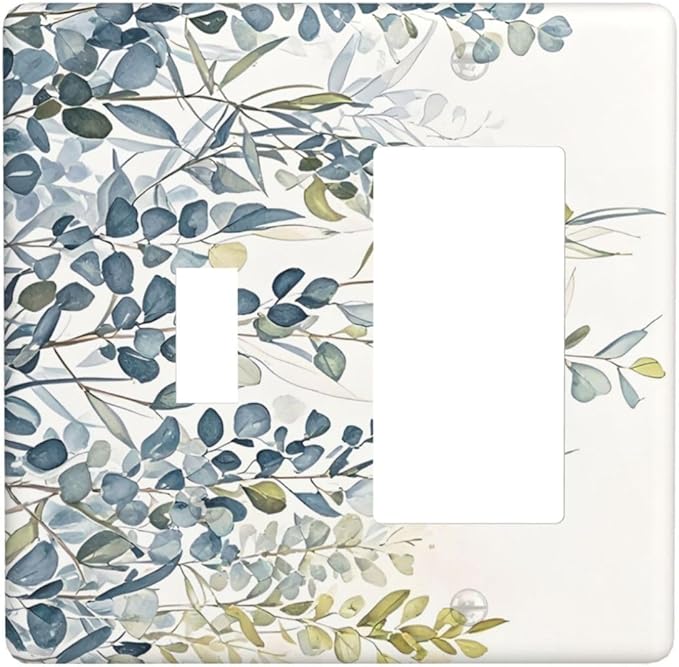 Decorative Toggle Switch Cover Plate with Green & Blue Watercolor Eucalyptus Botanical Foliage Design 2-Gang 1-Gang Standard Wall Plate Light Switch Cover for Contemporary Living Room Decor