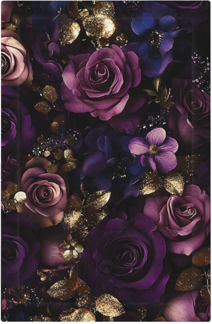 Decorative Blank Wall Plate with Luxurious Purple Roses Gold Accents Leaves Design Single Gang No Device Outlet Covers 1 Gang Light Switch Covers for Romantic Bedroom/Living Room Decor