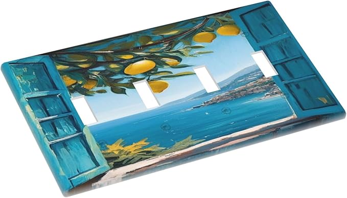 Decorative Art Light Switch Covers Seaside Window with Lemons Quad Toggle 4 Gang Wall Plate Switch plate Electrical Faceplate for Home Decor