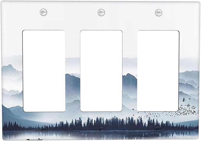 Light Switch Covers Mountain Foggy Lake Boat Grey Blue Forest Birds 3 Gang Rocker Electrical GFCI Decorative Triple Outlet Wall Plate Cover Switchplate for Bedroom living Room Decor