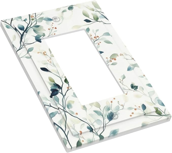 Watercolor Floral Green Leaves Single Light Switch Cover Plate Green Botanical Flowers 1 Gang Rocker Outlet Covers Switchplate Decorative Electrical GFCI Wallplate for Bedroom Kitchen Living Room