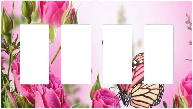 Floral Butterfly Pink Rose 4 Gang Quad Rocker/Decor Light Switch or Receptacle Outlet Wall Plate Cover Plate Decorative Electrical Faceplate for Bathroom Room Decorate Jumbo Standard Size 8.3" x 4.6