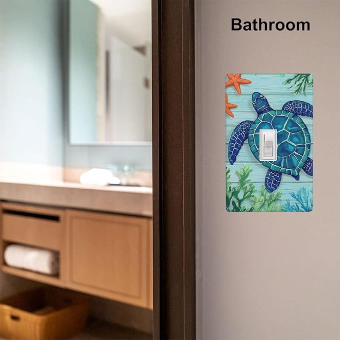 Sea Turtle Starfish 1-Gang Toggle Light Switch Plate, Ocean Marine Wall Plate for Bathroom, Beach House & Coastal Home