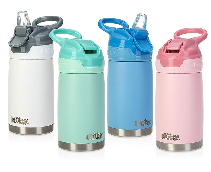 Nuby Thirsty Kids No Spill Flip-It Reflex Stainless Steel Travel Cup or Water Bottle - 10 Oz - 18+ Months - Blue - Back to School Essentials,(Pack of 12)