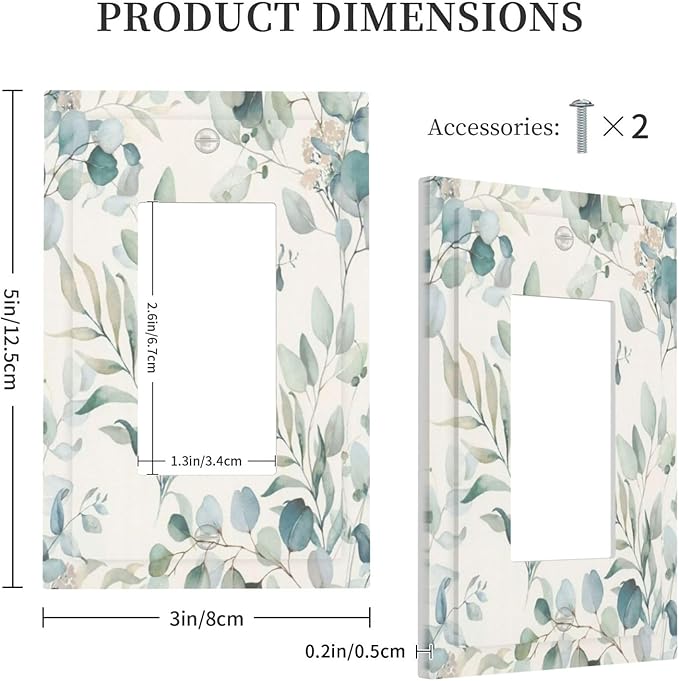 Boho Green White Eucalyptus Leaf Floral Decorative Outlet Covers 1 Gang Single Rocker Light Switch Cover Plate Wall Plates GFCI Faceplate for Farmhouse Living Room Decor