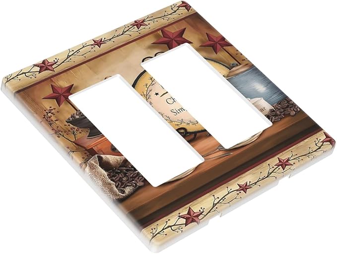 Decorative Kitchen Country Life 2 Gang Decorator GFCI Wall Plate, Lodge Texas Star Coffee Electrical Outlet Receptacle Light Switch Cover Double Rocker for Dimmer, (Hotel Cottage Clock Cafe Theme)