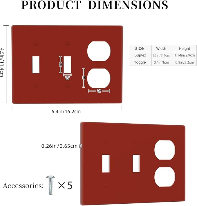Decorative Solid Brown Red 3 Gang 2 Toggle 1 Duplex Combo Light Switch Cover, Wine Red Triple Device Receptacle Combination Toggle Electric Switch Face Plate Wall Plate Cover