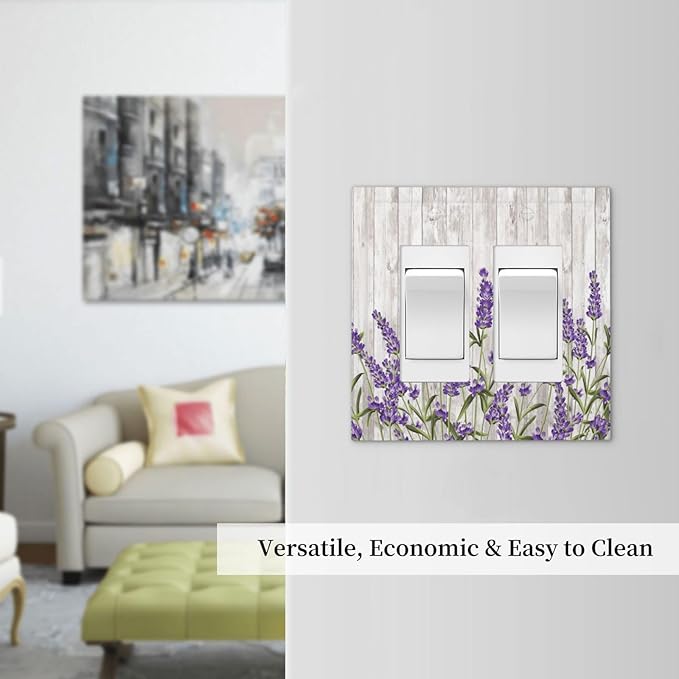Purple Lavender Rustic Wooden Flowers Floral Plant Decorative Outlet Covers 2 Gang Double GFCI Rocker Electrical Wall Panels Light Switch Cover Plate for Farmhouse Living Room Decor