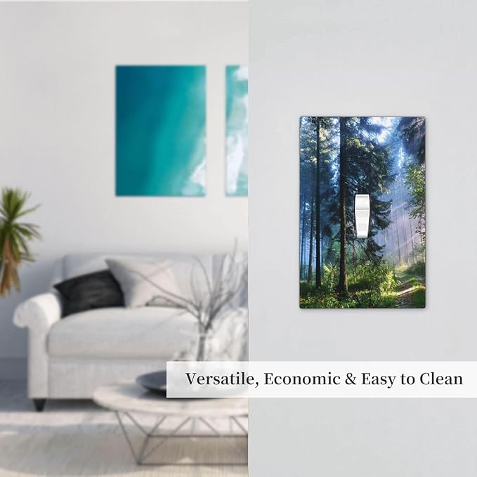 Nature Misty Forest Green Foggy Watercolor Woodland Pine Larch Tree Mountain 1 Gang Single Toggle One Device Mid Size Plug Socket Wall Plate Landscape Jungle Light Switch Plate Outlet Cover Dimmer