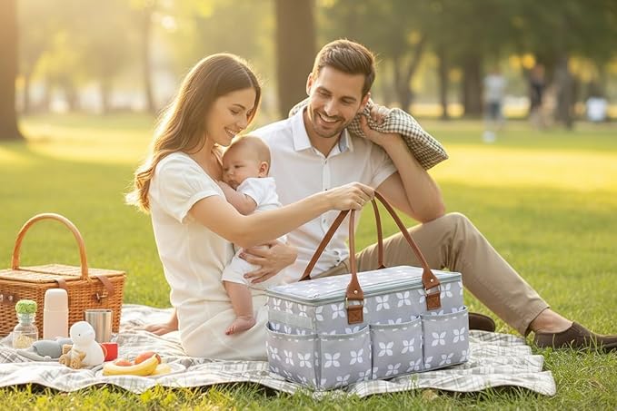 Moteph Diaper Caddy with Changing Mat, Large Baby Diaper Caddy Organizer with Lid, Portable Organizer Basket for Baby Essentials, Roll-Up Lid, Built-In Changing Mat Pocket