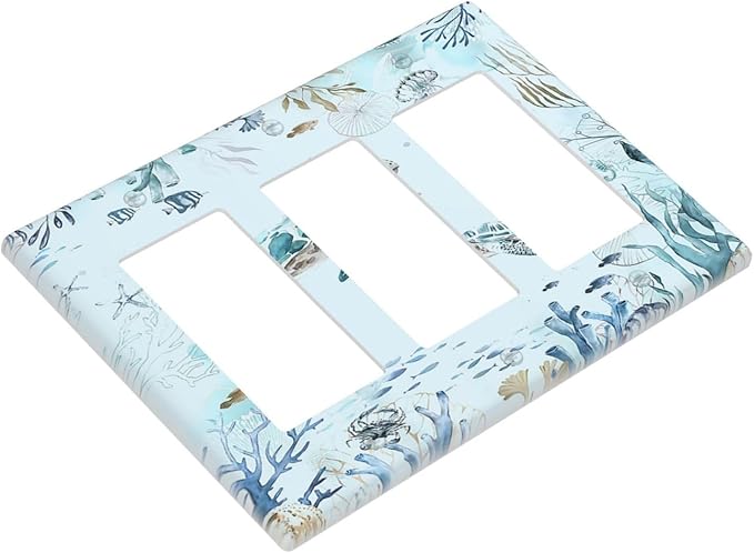 Light Switch Covers Teal Blue Ocean Sea Turtle Seabed Plants 3 Gang Rocker Electrical GFCI Decorative Triple Outlet Wall Plate Cover Switchplate for Bathroom Kids room Decor