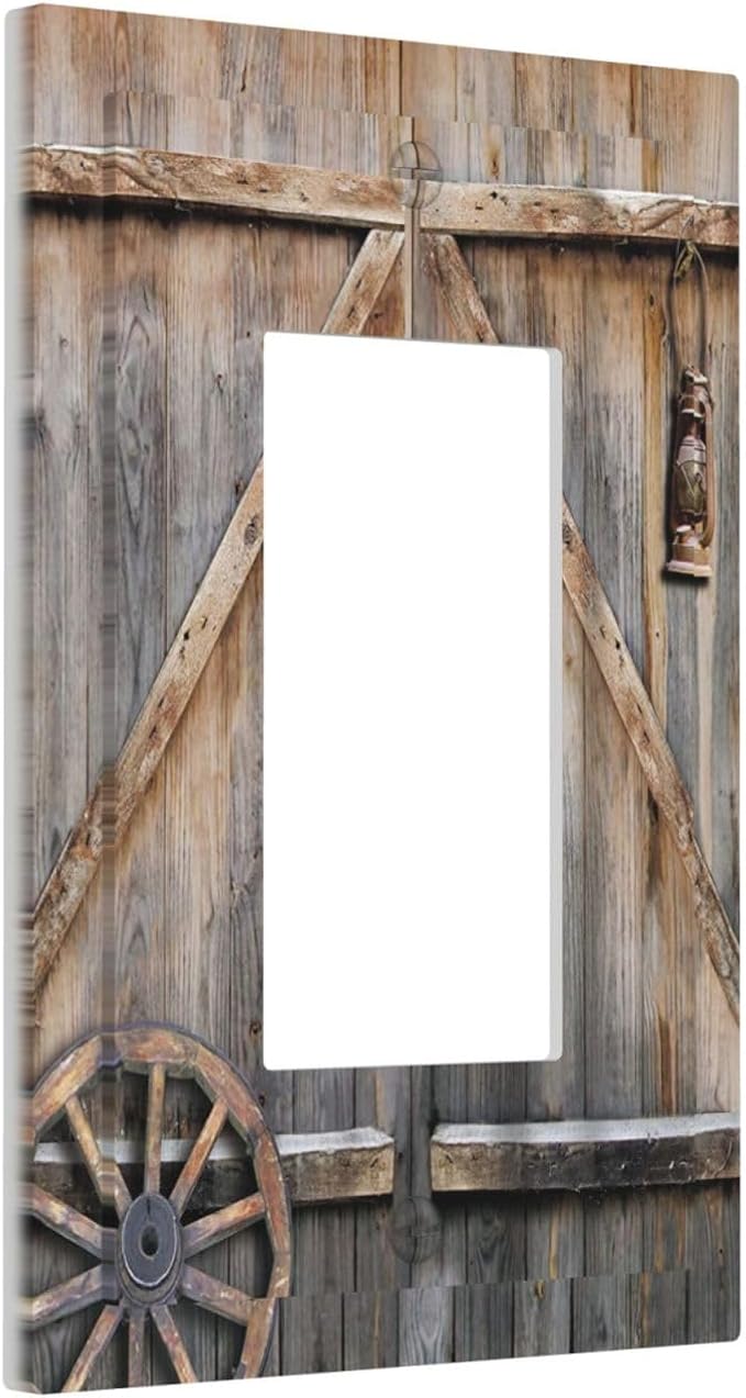 1 Gang Single GFCI/Decorator Rocker Outlet Light Switch Wall Plate Cover Retro Rustic Barn Door Wooden Vintage Farmhouse Wooden Country Garage Cabin Decorative One Device Electrical Faceplate Dimmer